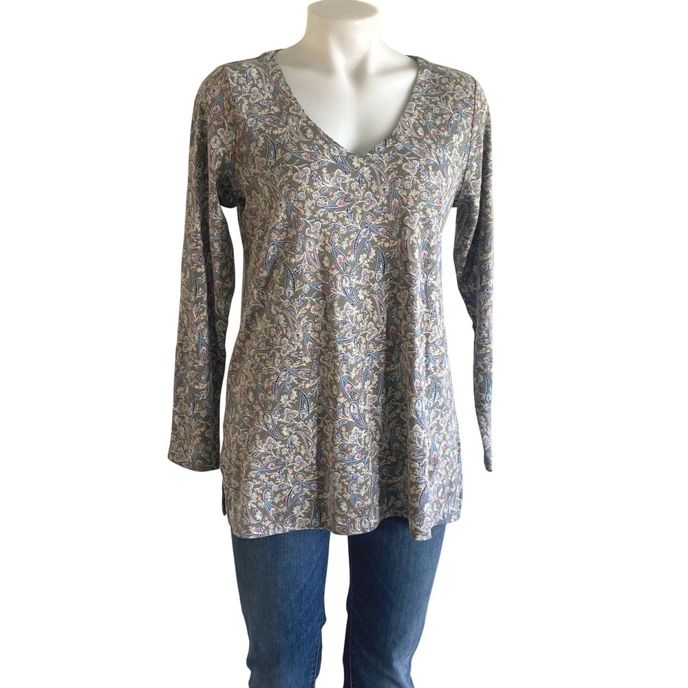 J. Jill Simply Supima Paisley V-Neck Side-Slit Tunic Top Olive Green XS RN 97641
